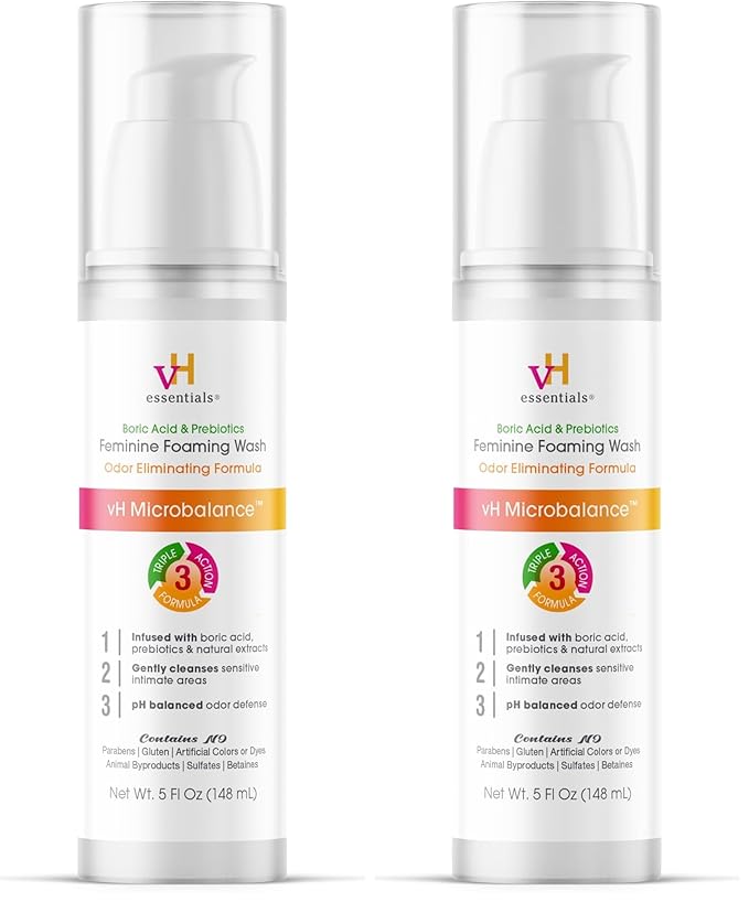 vH essentials Feminine Foaming Wash with Boric Acid and Prebiotics, Odor Eliminating pH-Balanced Daily Cleanser with Lavender and Chamomile, 5 fl oz (Pack of 2)
