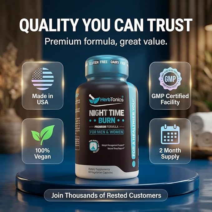 Herbtonics Night Time Burn & Sleep Complex Supports Overnight Metabolism, Stress Relief & Deep Sleep. Includes Melatonin, Valerian and Green Tea – Vegan Bedtime Weight Management (60 Capsules)