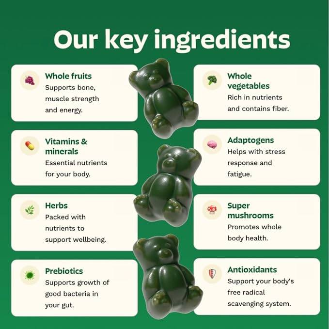 Gruns Sugar-Free Super Greens Gummies, Multivitamin Superfood Gummy Bears, Spirulina, Chlorella, Prebiotics & Fiber gummies for Digestive Health, Adaptogens Supplement, 20 Vitamins & Minerals, 10 pack
