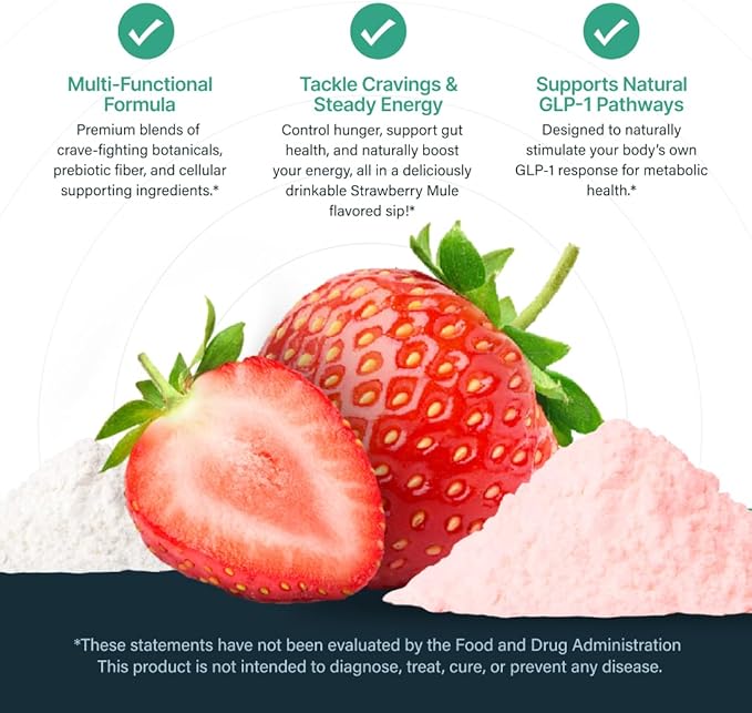 GLP-1 Booster | Control Cravings, Appetite Support & Gut Health | High In Fiber & Sugar-Free Drink Mix | GLP1 Supplements Weight Loss Women & Men | Strawberry Mule Flavor | Made In USA | 30 Servings