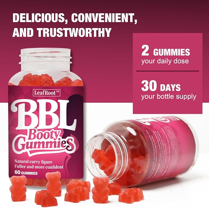 LEAFROOT BBL Gummies for Fitness Growth Bigger Buttocks, Berry Flavor with Multivitamins and Herbal Extracts Support to Enhance Curvy Body, Women Hip Butt Enhancing Booty Gummy Candy