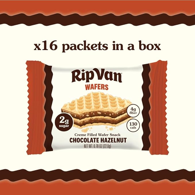 Rip Van Chocolate Hazelnut Wafer Cookies, Keto, Non-GMO, Healthy Snacks, Low Carb & Low Sugar (2g), Low Calorie, Vegan, 16 Count