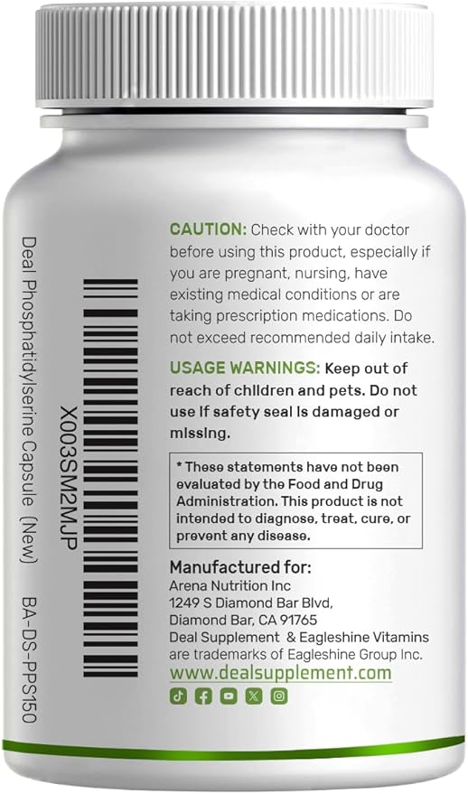 Phosphatidylserine Supplement, 400mg Serving, 240 Capsules – Soy Free Sunflower Lecithin Source