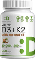 DEAL SUPPLEMENT Vitamin D3 10,000 IU + K2 MK7 200mcg Softgels, 250 Count | 2-in-1 Complex with Virgin Coconut Oil | Easy to Swallow