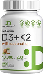 DEAL SUPPLEMENT Vitamin D3 10,000 IU + K2 MK7 200mcg Softgels, 250 Count | 2-in-1 Complex with Virgin Coconut Oil | Easy to Swallow