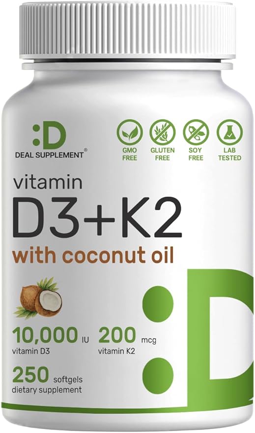 DEAL SUPPLEMENT Vitamin D3 10,000 IU + K2 MK7 200mcg Softgels, 250 Count | 2-in-1 Complex with Virgin Coconut Oil | Easy to Swallow