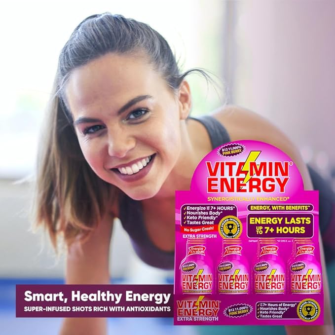 Vitamin Energy B12 11,000% Extra Strength Energy Shot Pink Berry 48 Pack, 260mg Natural Caffeine, B12 & B6, Nootropic Focus, Vitality, Zero Sugar, Gluten-Free, Vegan, Kosher, 1.93 fl oz