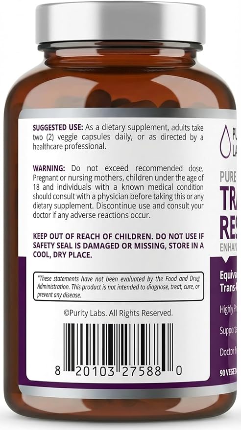 Purity Labs Trans-Resveratrol Supplement 5,000 mg Equivalent per Serving with Quercetin, USDA Organic High Potency Antioxidant, Vegan Capsules, 90 Count