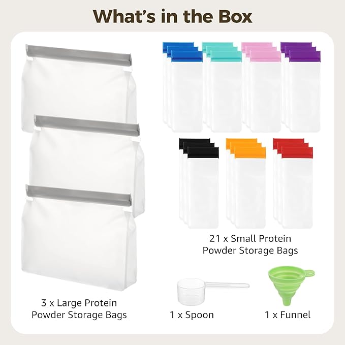 26 Pcs Protein Powder Travel Container Set, Reusable Single-Dose Bags, Portable Supplement Storage Containers, Includes Funnel & Spoon, 2.4 x 6.1 in & 10 x 7.3 x 2 in
