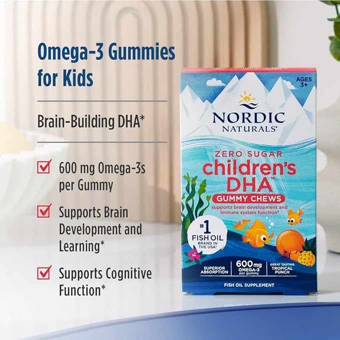 Nordic Naturals Zero Sugar Children’s DHA Gummy Chews, Tropical Punch - 30 Gummy Chews for Kids - 600 mg Total Omega-3s - Brain Development, Learning, Healthy Immunity - Non-GMO - 30 Servings
