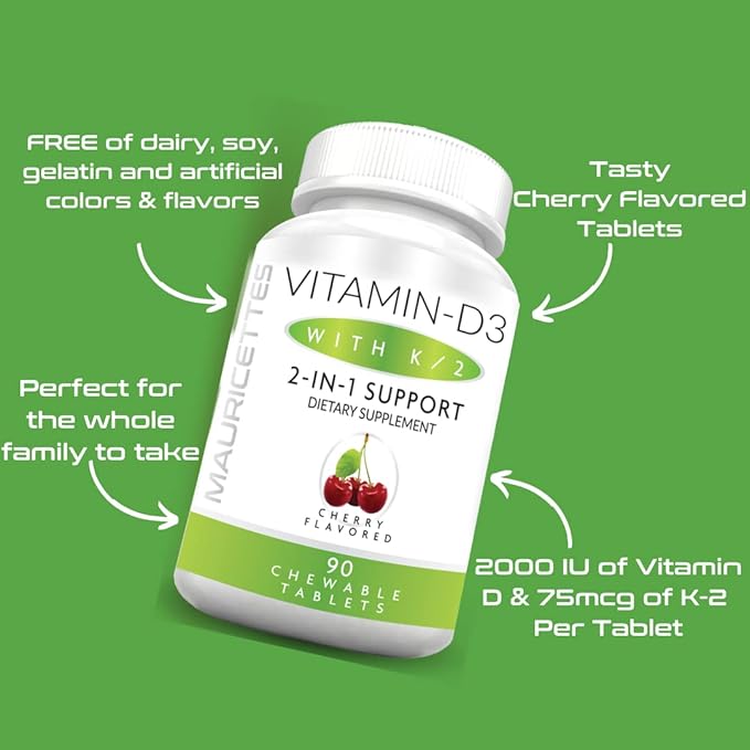 Mauricettes Chewable Vitamin D3 with K2 – 2-in-1 Bone & Heart Health Support – Immune Booster – Natural Cherry Flavor – 90 Tablets for Adults & Kids