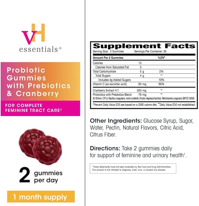 vH Essentials Probiotic Gummies with Prebiotics & Cranberry, Concentrated Extract for Urinary Tract Health, Supports Vaginal Microflora Balance for a Healthy Feminine Tract, 60 Count