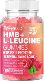 MEENCCD HMB and L-Leucine Gummies, HMB and Leucine Amino Acid for Muscle Growth, Muscle Maintenance, and Muscle Comfort, for Men & Women, Sugar-Free, Raspberry Flavor, 60 Count