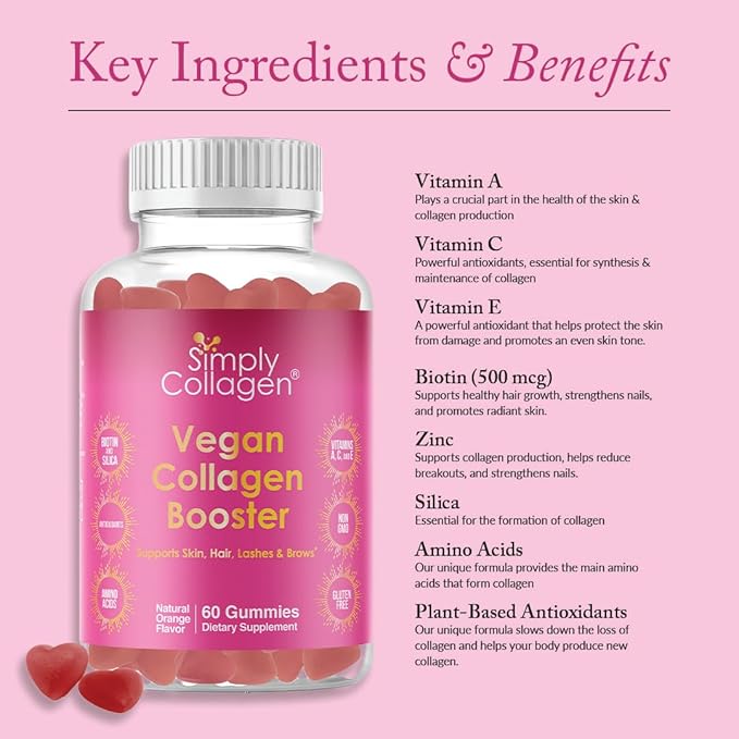 Simply Collagen® Vegan Collagen Gummies for Women & Men – Plant Based Collagen with Biotin, Vitamins A, C & E – Collagen Booster for Skin, Hair, Nails & Lashes