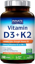 Innate Vitality Vitamin D3 K2 Supplement, High Potency Vitamin D3 10000 IU & Vitamin K2 (MK-7) 200 mcg, Supports Bone, Teeth, Heart & Immune Health, Non-GMO, Gluten Free, 240 Softgels