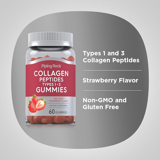 Piping Rock Collagen Gummies | 60 Count | Collagen Peptides Type 1 and 3 | Strawberry Flavor | Bovine Supplement | Non-GMO, Gluten Free
