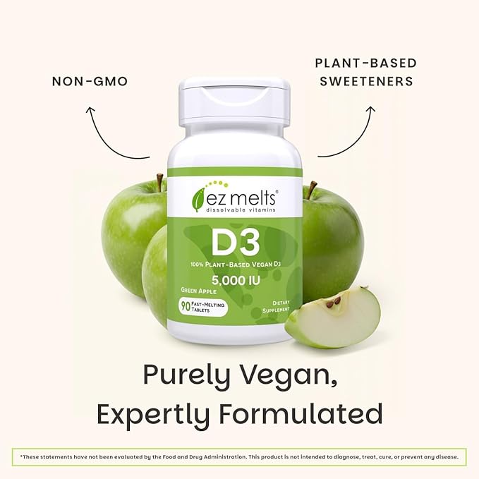 EZ Melts Dissolvable Vitamin D3 5,000 IU - Vegan Vitamin D Supplement for Bone & Teeth Support - No Artificial Flavors - Plant-Based & Non-GMO - Green Apple - 180 Dissolvable Tablets (180 Servings)