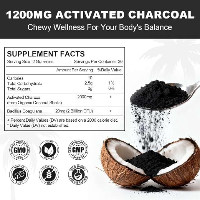 2 Pack Activated Charcoal Gummies 1200mg, with Organic Coconut Shell Charcoal & 2 Billion Probiotics, Natural Gas & Bloating Relief, Digestive Support, Non-GMO, Vegan, Gluten Free,Blueberry Flav,120Ct