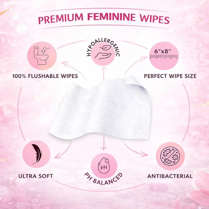 Flushable Feminine Wipes for Sensitive Skin – pH Balanced, Fragrance-Free Intimate Wipes with Aloe Vera & Vitamin E, Individually Wrapped Travel Size (30 Count)