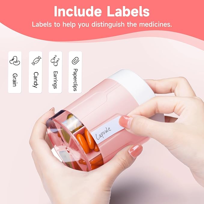 Daviky Pill Bottle Organizer, Supplement Organizer with 7 Large Compartments, Travel Pill Dispenser Round Pill Box with Two Lids（Pink+White）