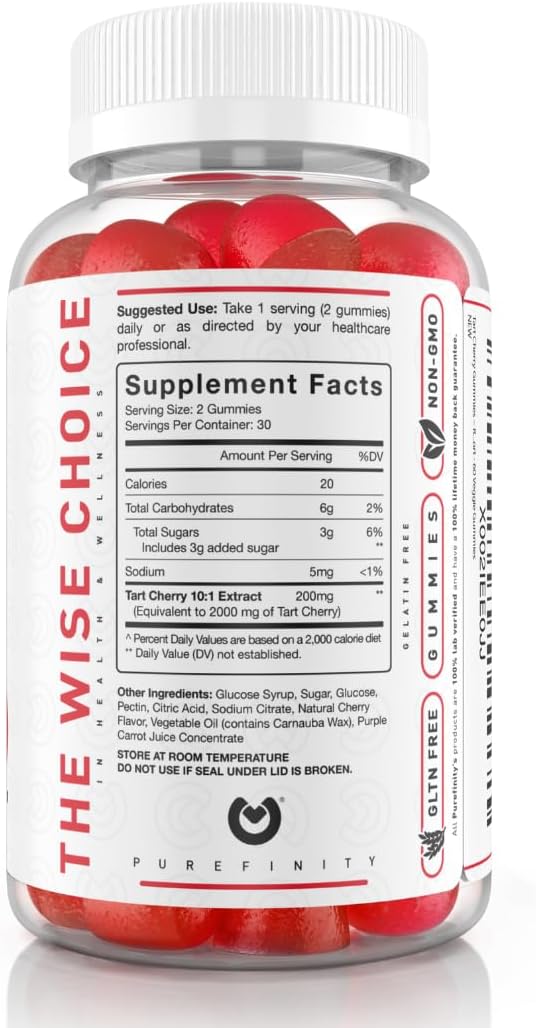PUREFINITY Tart Cherry Gummies – Uric Acid Flush for Joint Relief & Recovery, Raw Juice Extract Antioxidant – Non-GMO, Gluten Free, Vegan, 60 Count