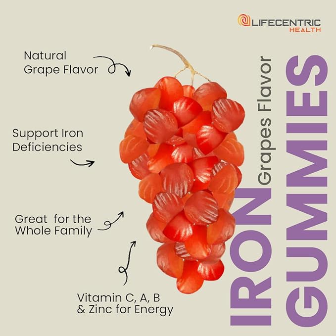 LifeCentricHealth Iron Gummies | Biotin Zinc Vitamin B Folic Acid Gummies | Vegan Gluten Free for Women & Men