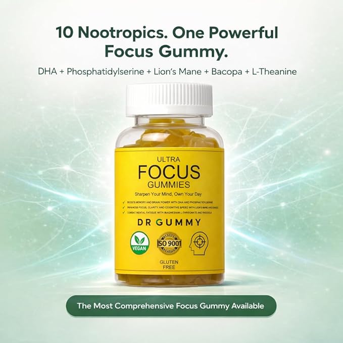 Ultra Focus Gummies for Adults – Focus & Concentration Support with DHA (Algae) + Phosphatidylserine, Lion’s Mane, Bacopa, Ginkgo & Magnesium L-Threonate – Lemon, 60 Gummies