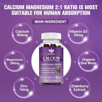 Calcium Magnesium Zinc Gummies with Vitamin D3 - High Absorption Complex Calcium Supplement with Sea Moss, Elderberry for Bone, Muscles, Immune, Mood & Sleep Support, Vegan - 60 Gummies (3 Pack)
