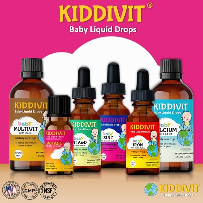 Kiddivit Baby Calcium Liquid Drops with Vitamin D3 & K2 – Gentle Bone & Growth Support Supplement – 24 Daily Servings – Inulin Fortified Prebiotic Fiber – Sugar Free, Gluten Free, Vegetarian, 4oz