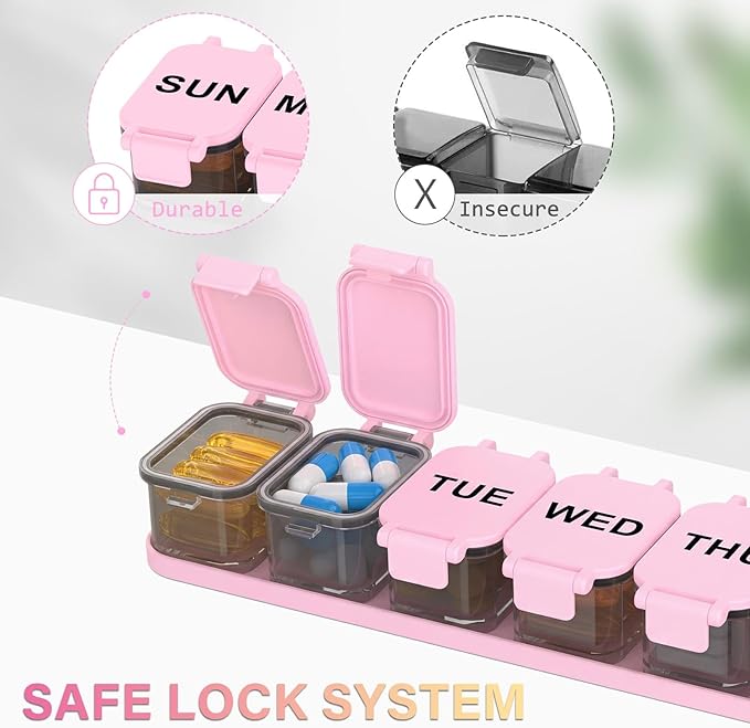 2-Pack Extra Large Weekly Pill Organizer - XL Vitamin Holder with 7 Detachable Compartments, Portable Medicine Pill Organizer for Supplements, Daily Pill Case for Home and Travel