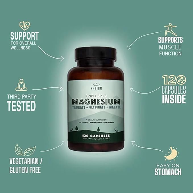Natural Rhythm Triple Calm Magnesium Complex - 120 Capsules, Chelated Magnesium Glycinate, Taurate & Malate, High Absorption Supplement for Sleep, Stress, Muscle & Heart Support, Non-GMO, Vegan