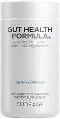 Codeage Gut Health Supplements Vegan Formula - L Glutamine, Zinc, Turkey Tail Mushroom Powder, Tonic Mushroom, Maitake, Micro Algae, Mineral, Licorice Root DGL - Probiotics, Prebiotics - 180 Capsules