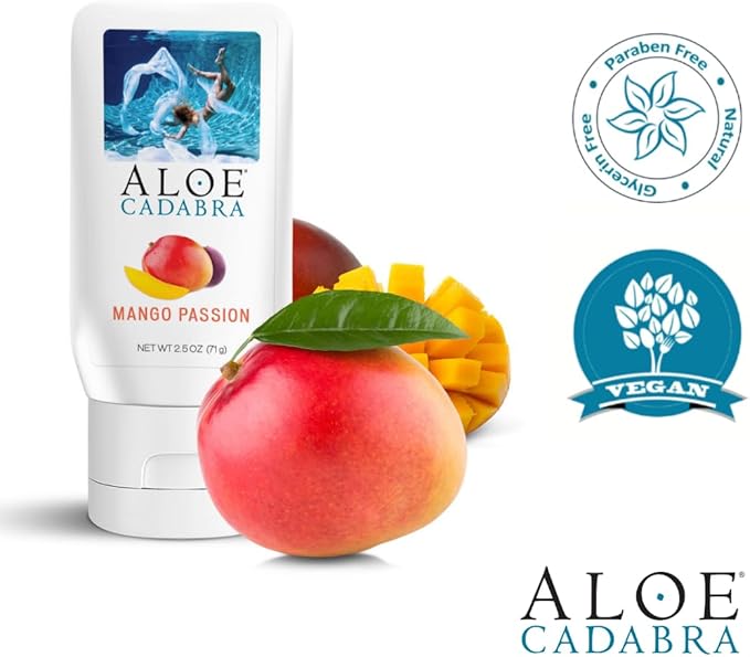 Aloe Cadabra Flavored Personal Lubricant and Vaginal Moisturizer, Organic Edible Aloe Lube for Men, Women and Couples, Non-Staining, pH Balanced, Toy Compatible (Mango Passion, 2.5 Ounces, 1 Pack)