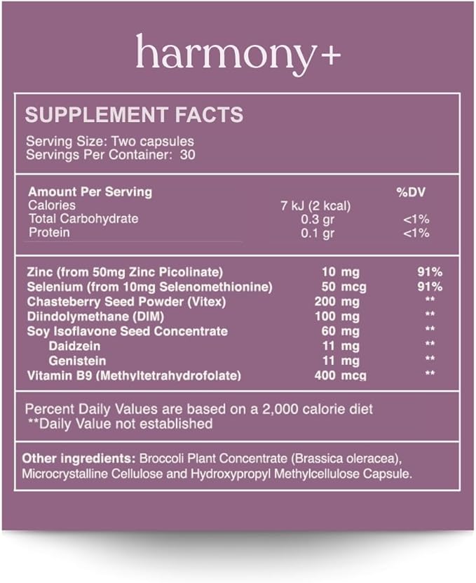 Harmony+ | Vitex, DIM, Soy Isoflavones, Methylfolate & Selenium | Supports Women’s Hormonal Balance, Cycle Regulation & Mood Stability | 60 Capsules