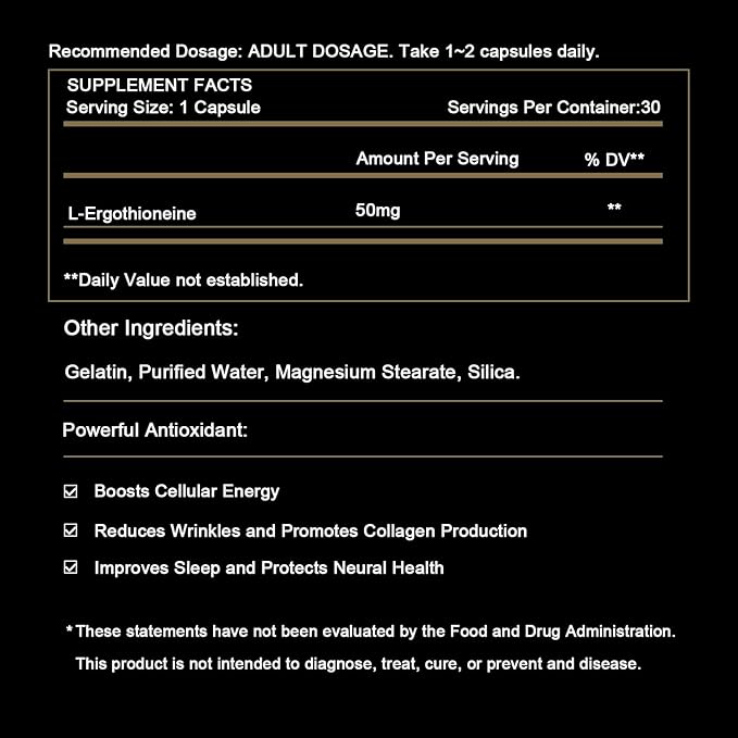 L-Ergothioneine 50mg of Ultra-Pure, Antioxidant Dietary Supplement, Cellular Health, Cognitive Health, Longevity, Gluten-Free, Vegetarian, Non-GMO
