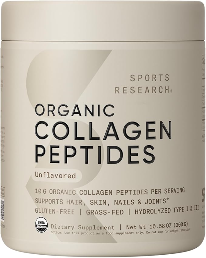 Sports Research® Organic Collagen Peptides - Hydrolyzed Type I & III Collagen Protein Powder Made Sustainably from Grass-Fed Cows - USDA Organic· Non-GMO · Gluten Free - Unflavored, 30 Servings