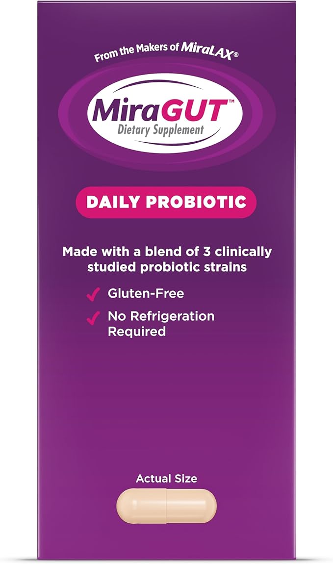 from The Makers of MiraLAX, MiraGUT Daily Probiotic, Probiotics for Digestive Health, Gluten-Free Supplement, Probiotic for Women and Men, Support Overall Digestive Health, 30 Ct