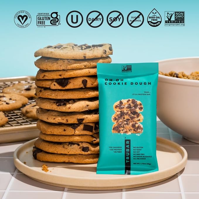 TRUBAR Vegan Protein Bar, Oh Oh Cookie Dough, Gluten Free, Plant Based Protein, Dairy Free, Non GMO, Soy Free, No Sugar Alcohols, 12G Protein, 13G Fiber, Healthy on the Go Snack Bars, 12 CT
