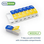 EZY DOSE Weekly (7-Day) AM/PM Pill Organizer, Daily Vitamin Container and Medicine Box, Large Pop-Out Compartments, Designed for Travel, 2 Times a Day, Blue and Yellow Lids