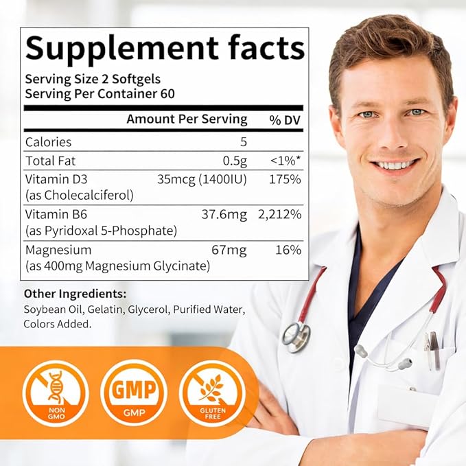 Magnesium Glycinate 400mg Softgels with Vitamin D3 & B6,Small Easy to Swallow Gel Caps,High Absorption, Gentle on Stomach,Supports Sleep, Muscle & Calm,Bone Health,120 Softgels