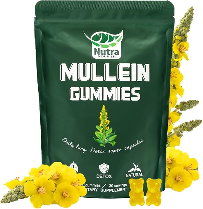 Mullein Gummies for Lung Detox 1000mg Mullein Leaf Herb Extract for Respiratory & Digestive & Immune Support, Vegan, Pear Flavor 60/120 (1)