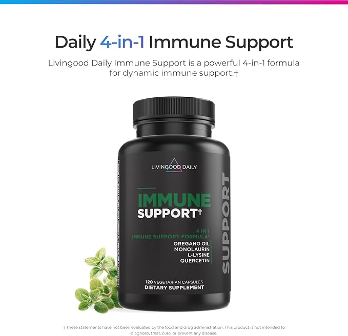 Livingood Daily Immune Support Supplement, 4-in-1 Formula with Oregano Oil, Monolaurin, L Lysine & Quercetin, Gut & Digestive Health, Gluten Free, Vegan, Non GMO, Allergen Free, 120 Capsules