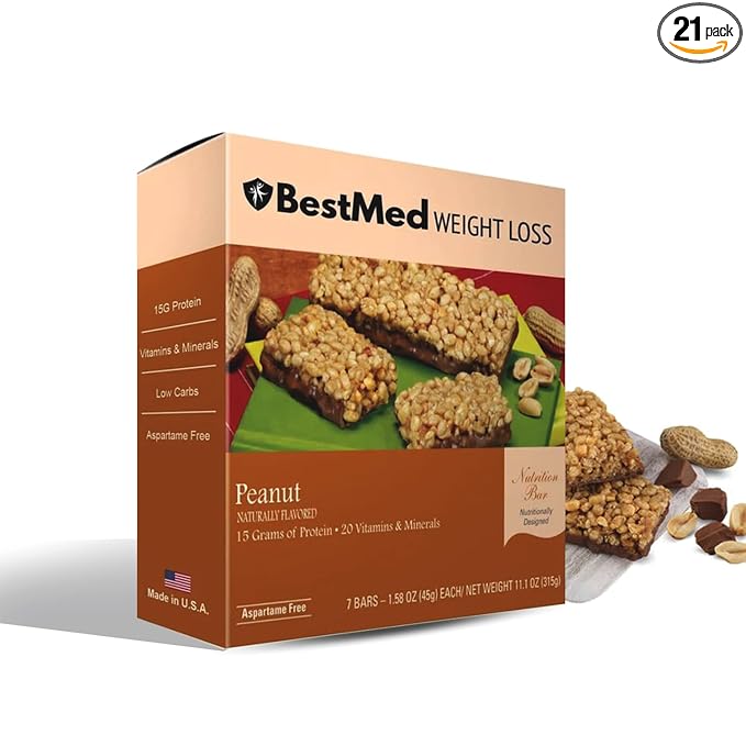 BestMed - High Protein Nutrition Bar - Low-Carb, 15g Protein, Low Sugar, High Fiber, Low Calorie, Meal Replacement Bar (Peanut, 3 Box - 21 Count)