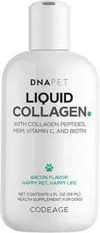 Liquid Collagen for Dogs – Beef Collagen Peptides with Vitamin C, Biotin & MSM – Bacon Flavor Liquid Supplement for Skin, Coat & Joint Care – Canine Supplement - All Dog Breeds – 4 fl oz