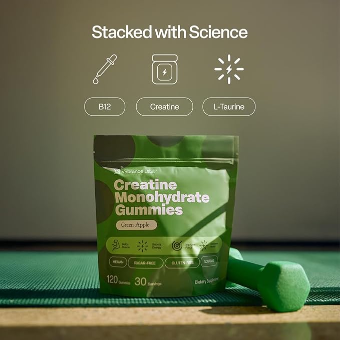 VYBRANCE LABS Creatine Gummies for Women & Men — First & Only 5g Creatine + Taurine + Vitamin B12 | Vegan Creatine Gummies | Sugar-Free | Sour Green Apple