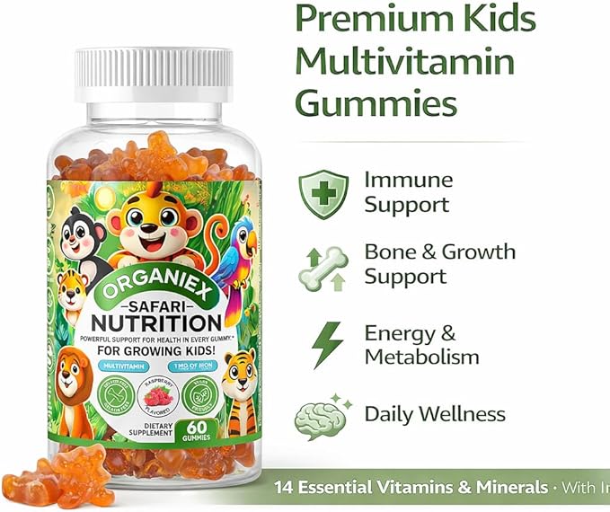 Kids Multivitamin Gummies with Iron & Zinc (Ages 2+) | Daily Kids Vitamins with Vitamin C, D3, B12 & Folate | Vegan, Non-GMO, Gluten-Free, Pectin-Based | Raspberry Flavor | 60 Count