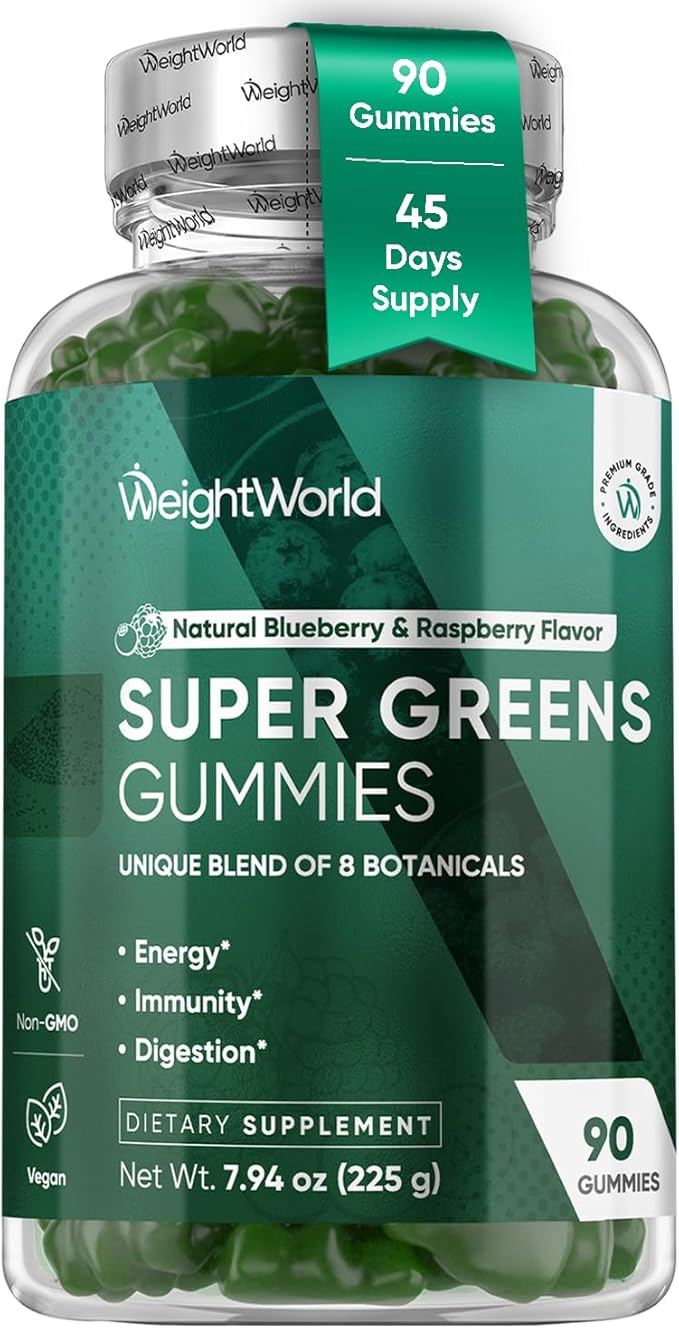 WeightWorld Super Greens Gummies - Energy, Immunity & Digestion - 45-Day Supply - Vegan Daily Greens Supplements (Moringa, Broccoli, Spinach) - Added Vitamins & Minerals - 90 Superfood Gummies
