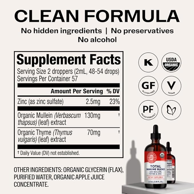 Vimergy USDA Organic Total Immune Blend* Liquid Supplement, 57 Servings Fast-Absorbing Immune Support – All-Season, Zinc, Thyme and Mullein Drops Non-GMO, Vegan, Immunity Support for Adults (115 mL)