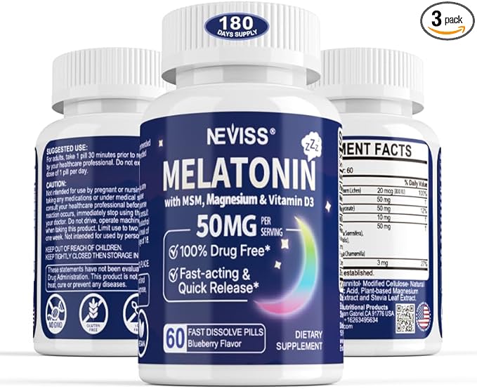 NEVISS Melatonin 50 mg for Adults - Extra Strength 9-in-1 Fast Dissolve Sublingual - High Dose with Magnesium Glycinate, Vitamin D3, Ashwagandha, Lemon Balm, Chamomile, Sugar Free, Vegan 180 Tablets