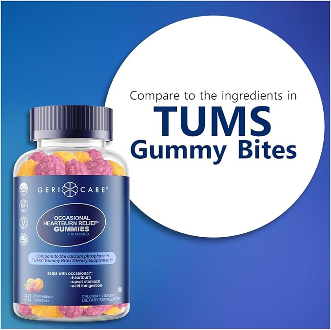 GeriCare Antacid with Vitamin D Gummies, Compare to TUMS Gummy Bites, Fruit Flavor, 50 Count, Non-GMO, Gluten-Free, Vegan, Naturally Sourced for Heartburn, Upset Stomach & Acid Indigestion (2 Pack)